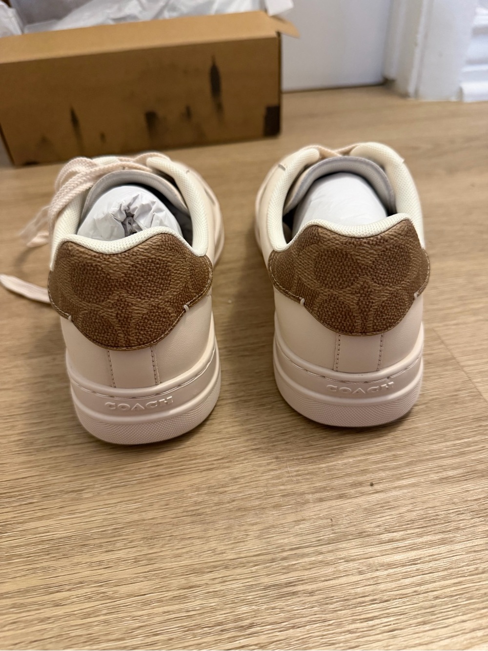 Coach Cream Leather Low-Top Sneakers with Brown Monogram Heel - Picture 2 of 9